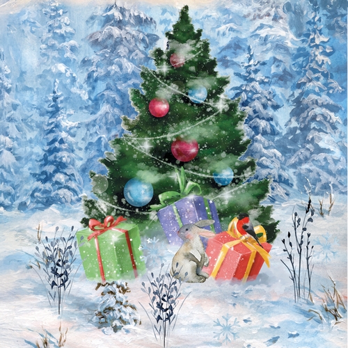 20 Servietten aus Recycling-Papier Winter Tree - Hase und Geschenke am Winterbaum 33x33cm