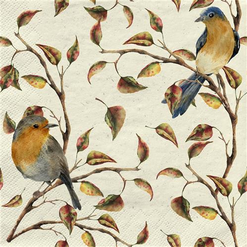20 Servietten nachhaltig Gras Birds in Nature - Zwei Vögel an Zweige mit Blätter 33x33cm