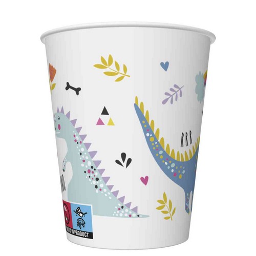8 Pappbecher Funny Dinosaurs - Bunte Dinosaurier 250ml Ø5,5-8cm, H9cm