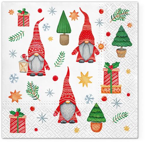 20 Servietten Gnomes and Gifts - Wichtel mit Bäume und Geschenke 33x33cm