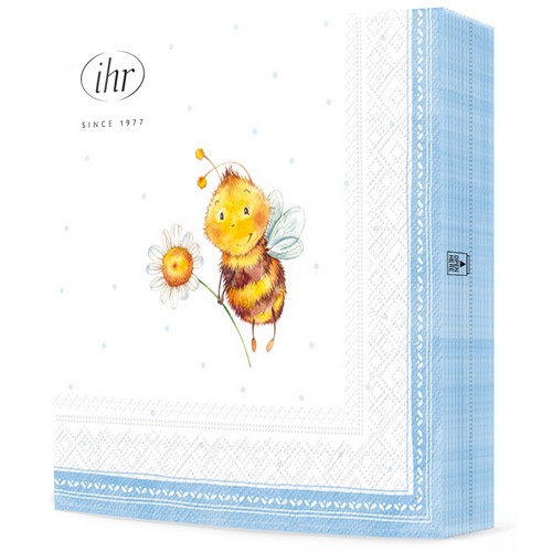 20 Servietten Sunny Bee light blue - Lustige Biene mit Blume blau 33x33cm