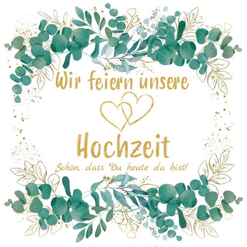 20 napkins Eucalyptus Leaves gold wedding - with hearts 33x33cm