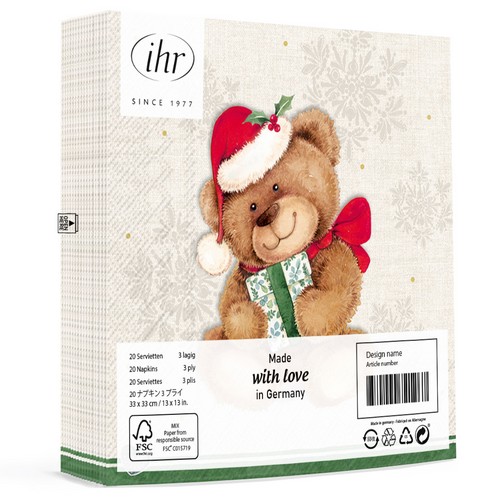 20 Servietten Christmas Teddy - Teddy mit Weihnachtsgeschenk 33x33cm