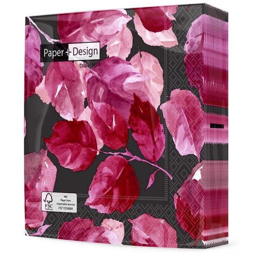 20 Servietten Maroon Leaves - Rote Blätter auf schwarz 33x33cm