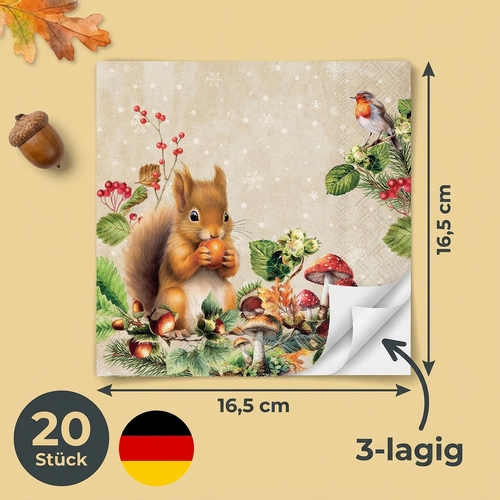 20 Servietten Fruit Collector - Eichhörnchen und Vogel an Früchte 33x33cm
