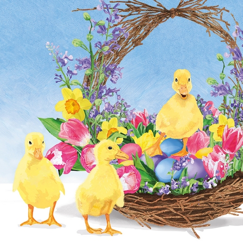 20 Servietten Les Canettes - Küken im bunten Osterkorb 33x33cm