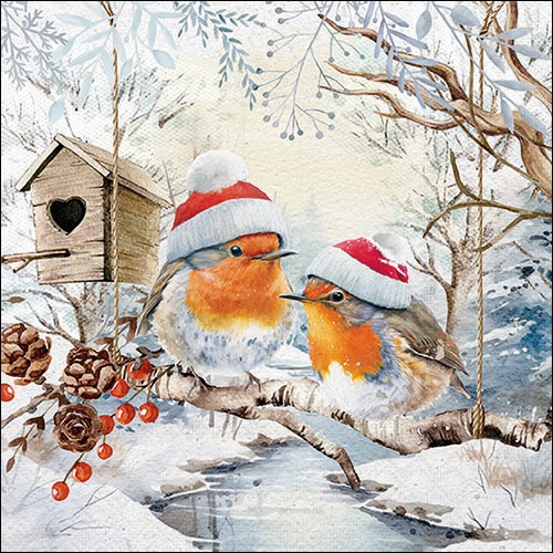 20 Servietten Robins in Winterland - Vögel in Winterlandschaft 33x33cm