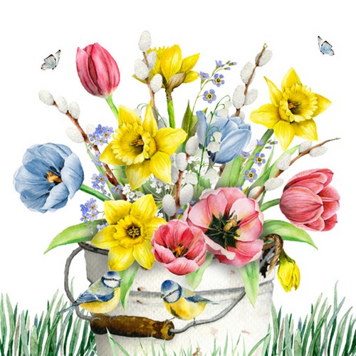 20 Servietten Flores Frescas de Primavera - Frühlingsstrauß in Eimer 33x33cm