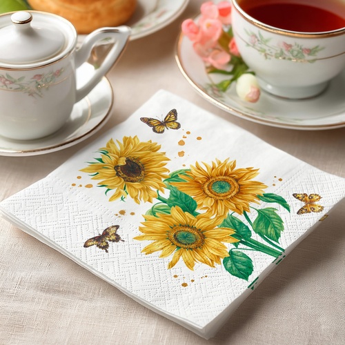 20 kleine Cocktailservietten Sunshine bloom - Sonnenblumen mit Schmetterlinge 25x25cm