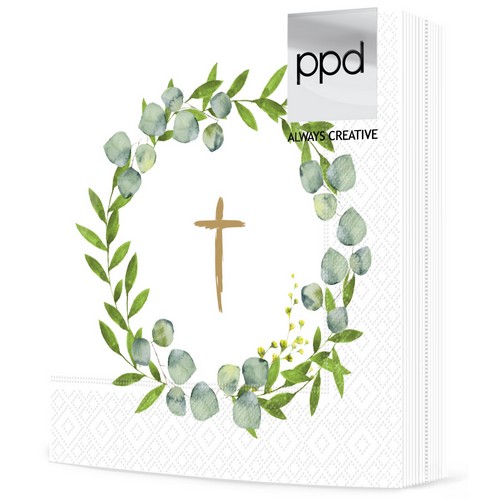 20 Servietten Golden Cross - Goldenes Kreuz im Kranz 33x33cm