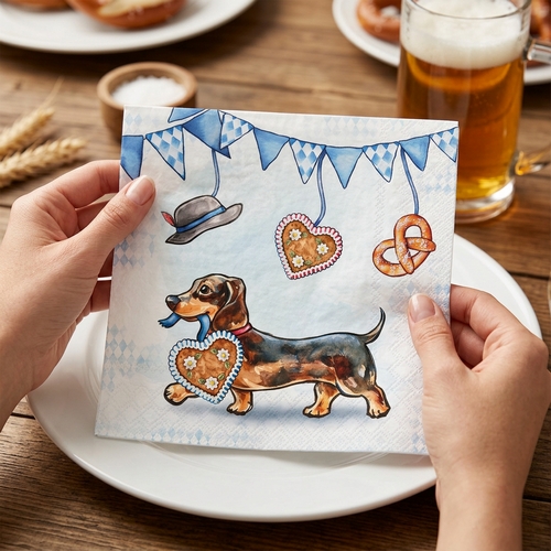 20 Servietten Bavarian Dachshund - Dackel mit Lebkuchenherz 33x33cm