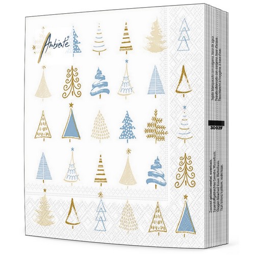 20 Servietten Christmas Tree Doodles blue - Moderne Baumformen blau-gold  33x33cm