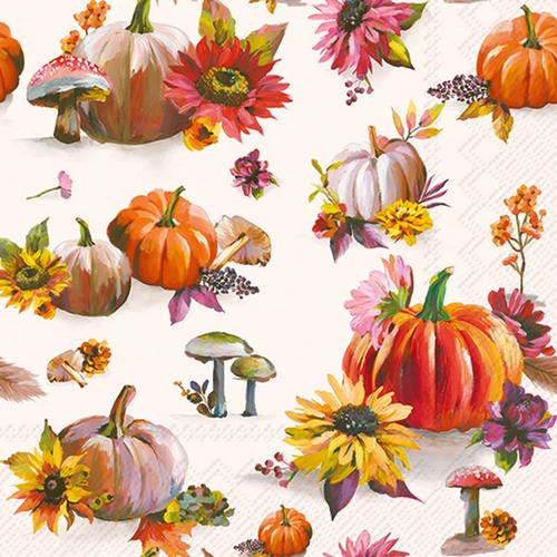 20 Servietten Soft Pumpkin cream - Blumen liegen an Kürbisse 33x33cm