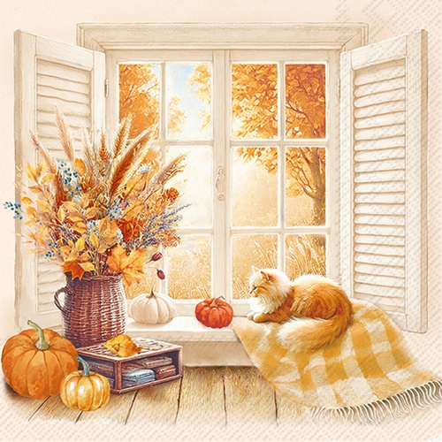 20 Servietten Cozy Fall View cream - Katze am Herbstfenster 33x33cm