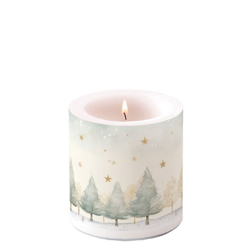 Kerze rund klein Starry sky - Sanfter Winterwald Ø 7,5cm, Höhe 9cm