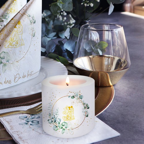 Kerze rund Eucalyptus Golden Wedding white - Brautpaar gold um Eukalyptus weiß Ø 8cm, Höhe 7,5cm