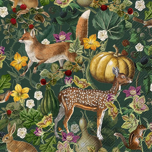 20 Servietten Autumn Glory dark green - Waldtiere im dunkelgrünen Wald 33x33cm