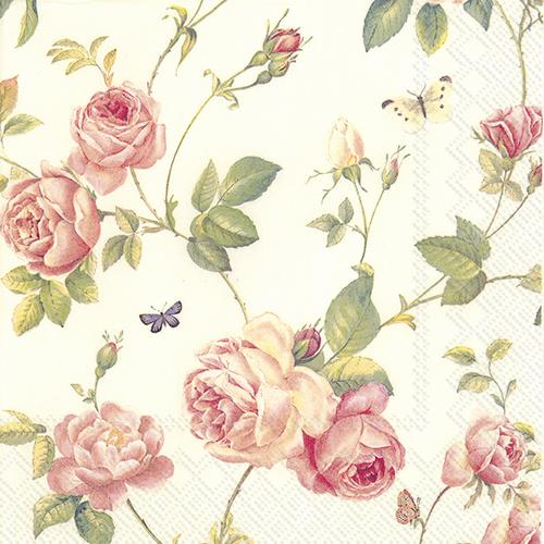 20 Servietten New Rambling Rose - Schmetterlinge und Rosen 33x33cm