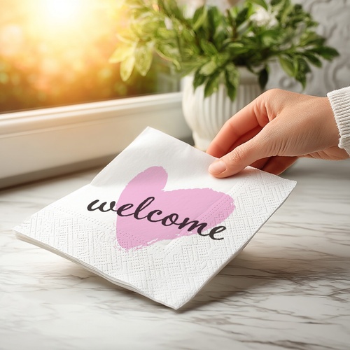 20 kleine Cocktailservietten Welcome Heart - Herz mit Willkommen 25x25cm