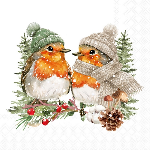 20 Servietten Warmly Dressed Robins - Rotkehlchen in warmer Kleidung 33x33cm