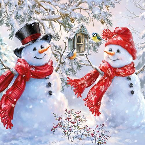 20 Servietten Snowmen and Birds - Schneemänner am Vogelhaus 33x33cm