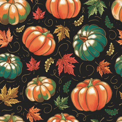 20 Servietten Pumpkins with Maple Leaves - Kürbisse und Blätter auf schwarz 33x33cm