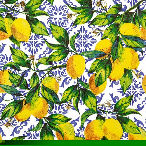 20 Servietten Citrus Branches on Tiles - Blaues Muster unter Zitronen 33x33cm