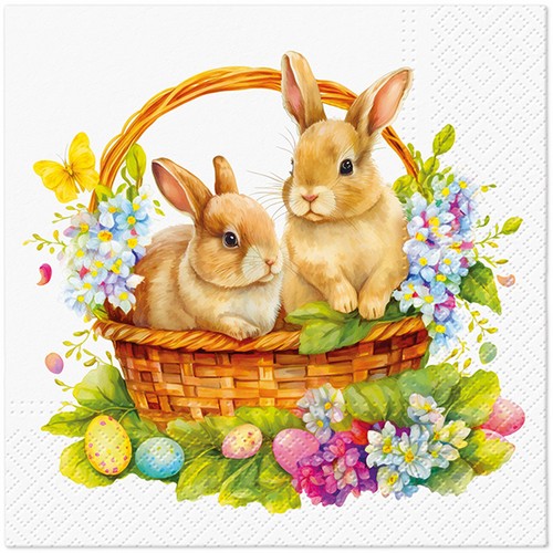 20 Servietten Bunnies in Basket - Zwei Hasen im Korb 33x33cm