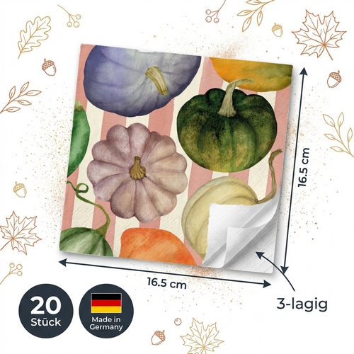 20 Servietten Pumpkin & Stripes - Leckere Kürbisse auf Streifen 33x33cm