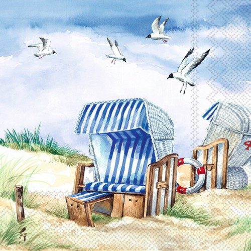 20 Servietten Strandlust - Strandkorb unter Möwen 33x33cm