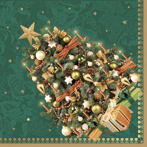 20 Servietten Classic Xmas Tree on Green Background - Klassischer Weihnachtsbaum auf grün 33x33cm