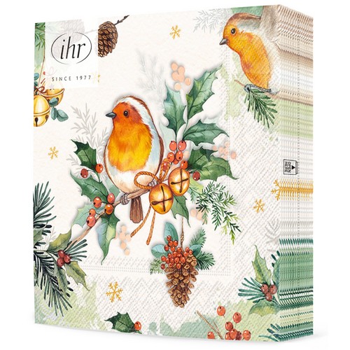 20 Servietten Robins Melody cream - Rotkehlchen an Weihnachtszweig 33x33cm