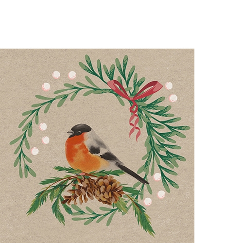 20 kleine Cocktailservietten aus Recycling-Papier Joyful bird - Vogel im zarten Kranz 25x25cm