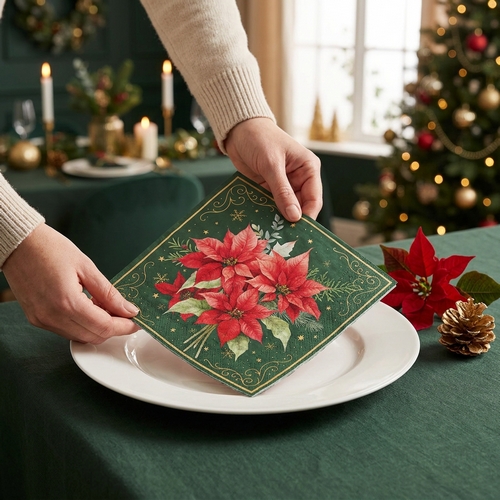 20 Servietten Christmas Flowers green - Weihnachtsstern auf dunkelgrün 33x33cm