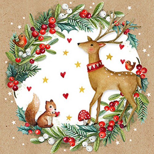 20 Servietten Tiere im Kranz - Hirsch und Eichhörnchen im Weihnachtskranz 33x33cm