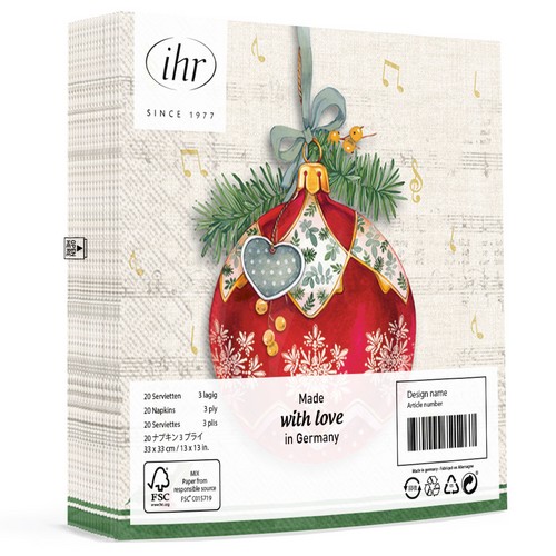 20 Servietten Christmas Bauble - Rote Kugel auf Notenzeile 33x33cm