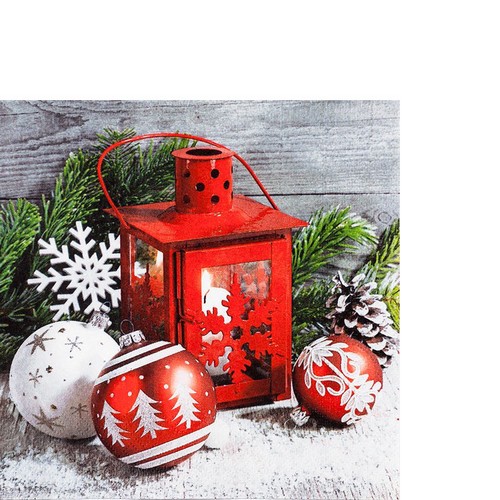 20 kleine Cocktailservietten Cabin Charm - Laterne mit Weihnachtskugeln 25x25cm