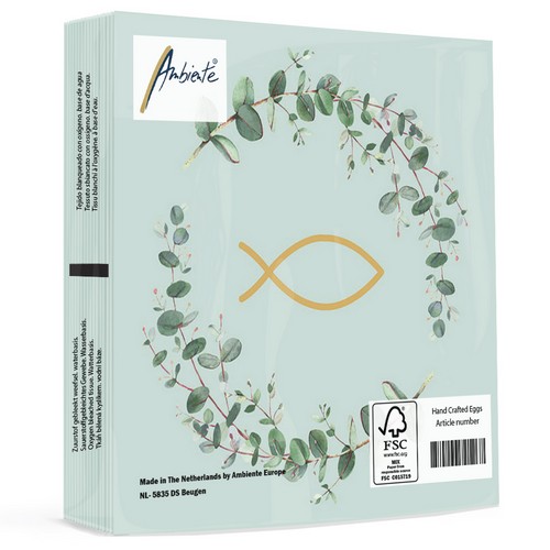 20 Servietten Communion Branches green - Fisch im Kranz voller Blätter grün 33x33cm