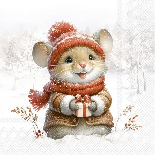 20 Servietten Elli and Becky - Niedliche Maus mit Winterbekleidung 33x33cm