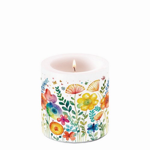 Kerze rund klein Vibrant spring white - Moderne, bunte Frühlingswiese Ø 7,5cm, Höhe 9cm
