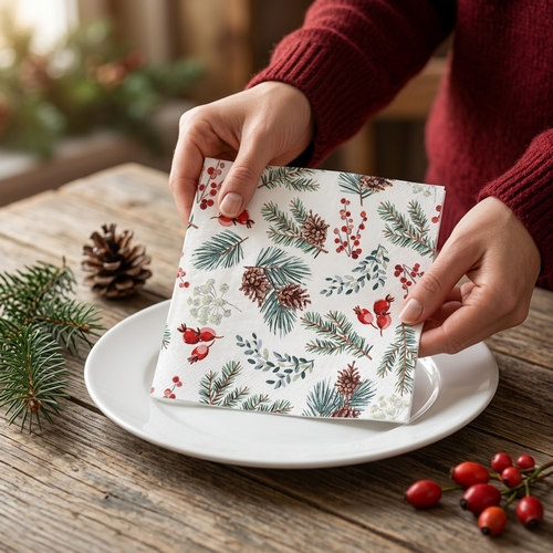 20 Servietten Winter Botanicals - Nätürliche Zweige, Beeren und Zapfen 33x33cm