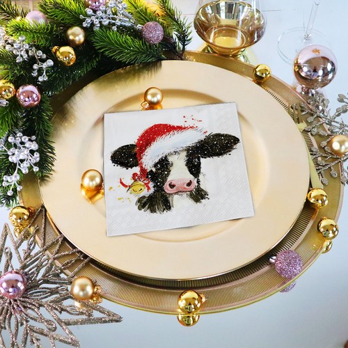 20 Servietten Christmas Cow Bell - Kuh mit Weihnachtsmütze 33x33cm