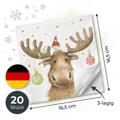 20 Servietten Elmo & Friend - Vogel an Weihnachts-Elch 33x33cm