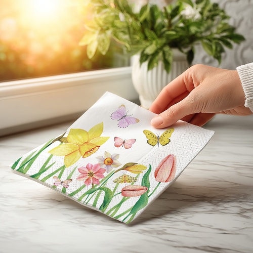 20 kleine Cocktailservietten Butterfly meadow - Schmetterlinge an Frühlingsblumen 25x25cm