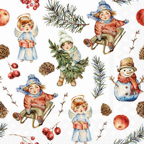 20 Servietten Playing Outside white - Nostalgische Kinder und Schneemann 33x33cm