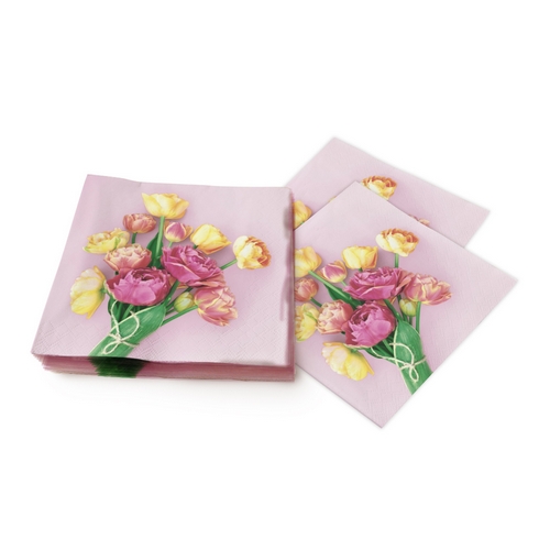 20 Servietten Herald of Spring - Frühlingsstrauss auf rosa 33x33cm