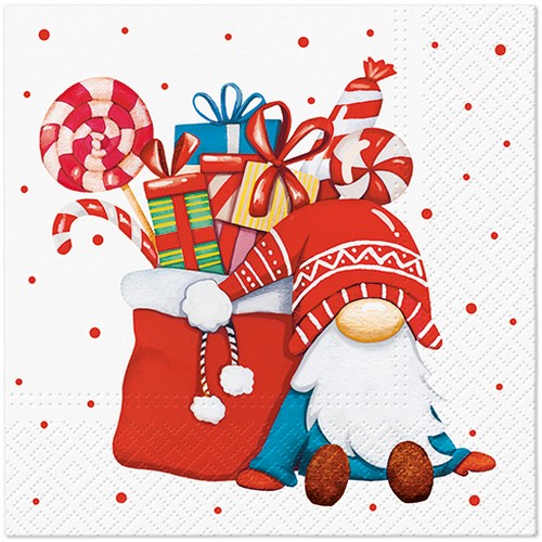20 Servietten Holiday Sweetkeeper - Gnom am Weihnachtsstrumpf 33x33cm