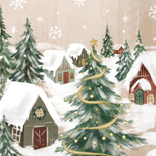20 Servietten Gilded Village cream - Weihnachtsbaum inmitten der Stadt 33x33cm