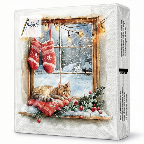 20 Servietten Winter Window - Katze an Weihnachtsfenster 33x33cm