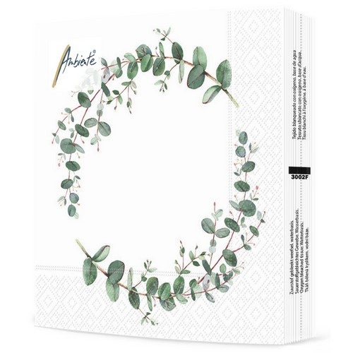 20 Servietten Eucalyptus Branch white - Kranz mit Eukalyptus 33x33cm